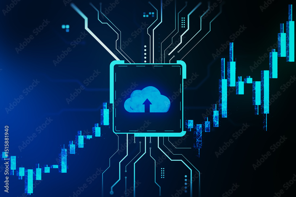 Aufkleber Digital cloud upload icon integrated with financial market chart and circuit lines on dark background representing technology in investment sectors. 3D Rendering