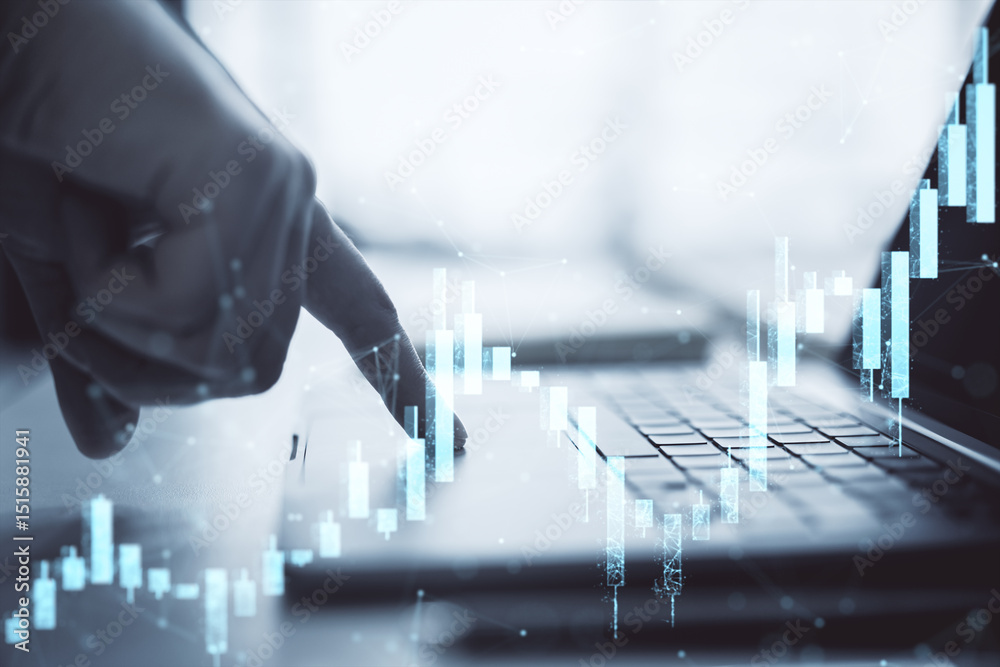 Poster person using laptop with abstract financial chart overlay on light background, symbolizing modern bu