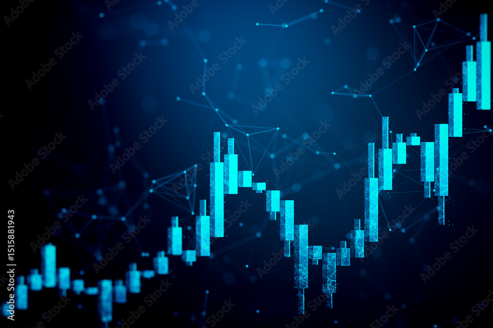 Poster Abstract digital forex candlestick chart with glowing data connections on a dark background representing stock market growth and financial analysis. 3D Rendering