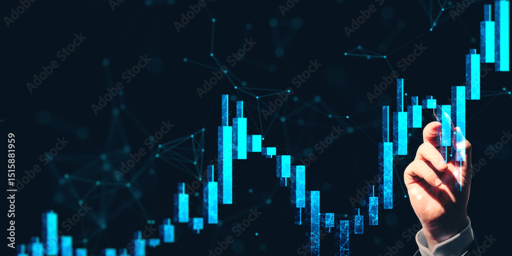 Poster hand interacting with glowing financial candlestick chart showing market growth on abstract digital 