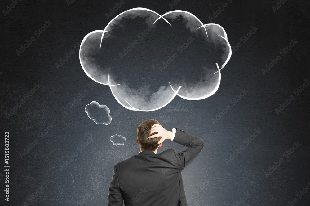 Poster businessman scratching head while facing chalk-drawn thought bubble on dark wall background, symboli