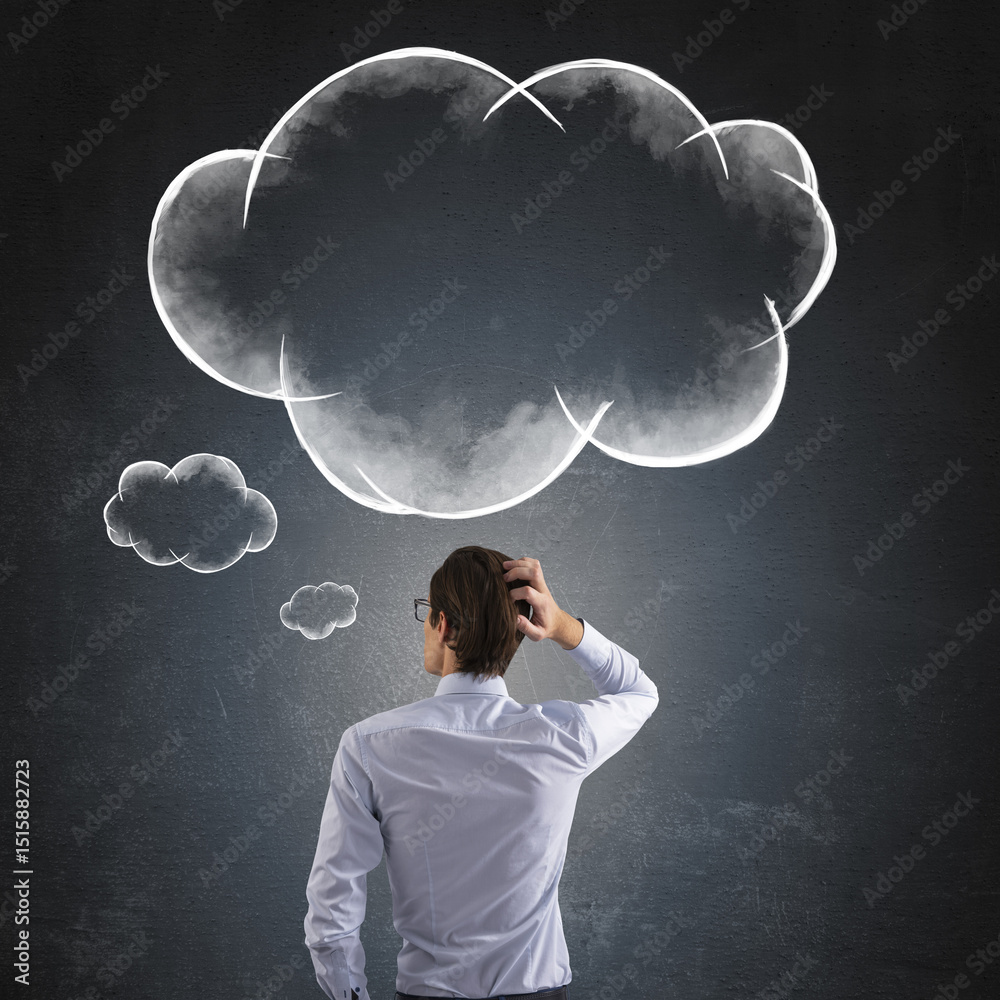 Poster businessman scratching head while looking at large chalk-drawn thought cloud on dark background, sym