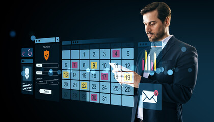 Businessman using futuristic scheduling interface with digital calendar, graphs, and payment form...