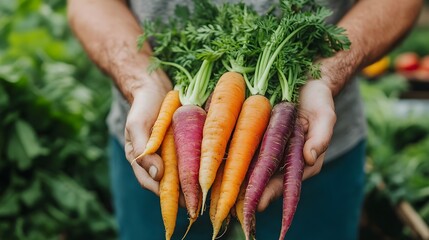 Farmer's Hands Holding a Bunch of Fresh Colorful Carrots from the Garden