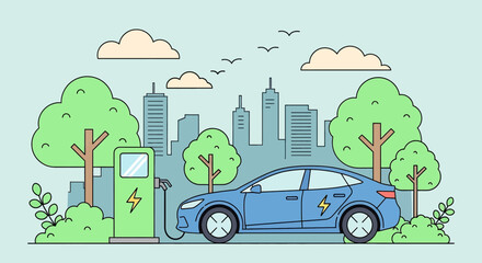Modern flat vector illustration of an electric car charging at a station amidst a green city landscape. Emphasizes eco-friendly transportation and sustainable urban living