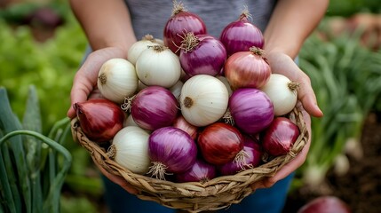 A farmer's hands holding a basket of freshly harvested red and white onions Organic produce from the garden