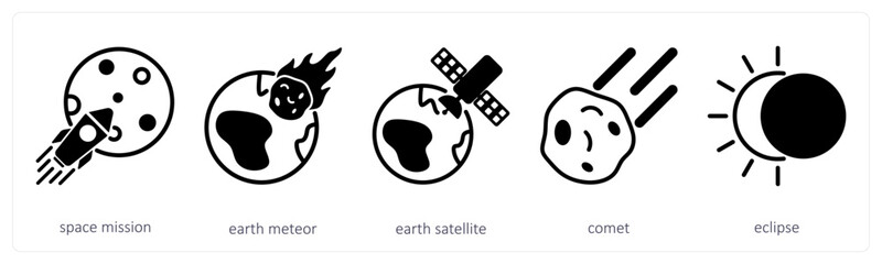 A set of 5 space icons as space mission, earth meteor, earth satellite