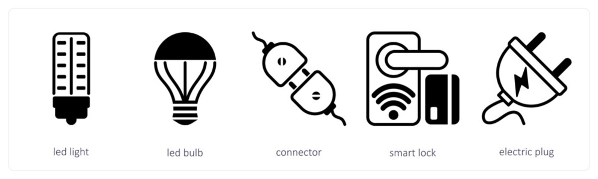 A set of 5 device icons as led light, led bulb, connector