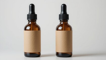 Two dropper bottles made of amber glass with Kraft labels on a white background
