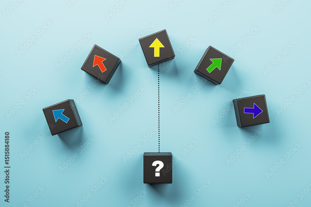 Poster Question mark cube with arrows in different directions symbolizing decision making or uncertainty on blue background. 3D Rendering. 3D Rendering