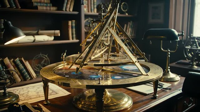 Antique Brass Armillary Sphere Depicting Solar System in Dimly Lit Historic Study