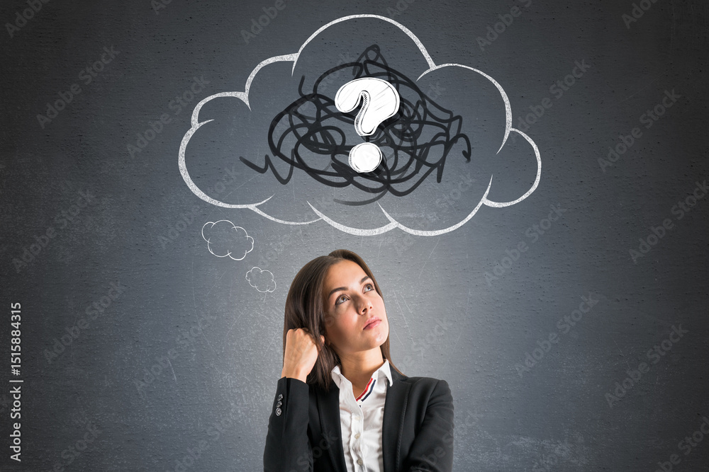 Aufkleber businesswoman thinking with confused speech bubble and question mark on chalkboard background repres