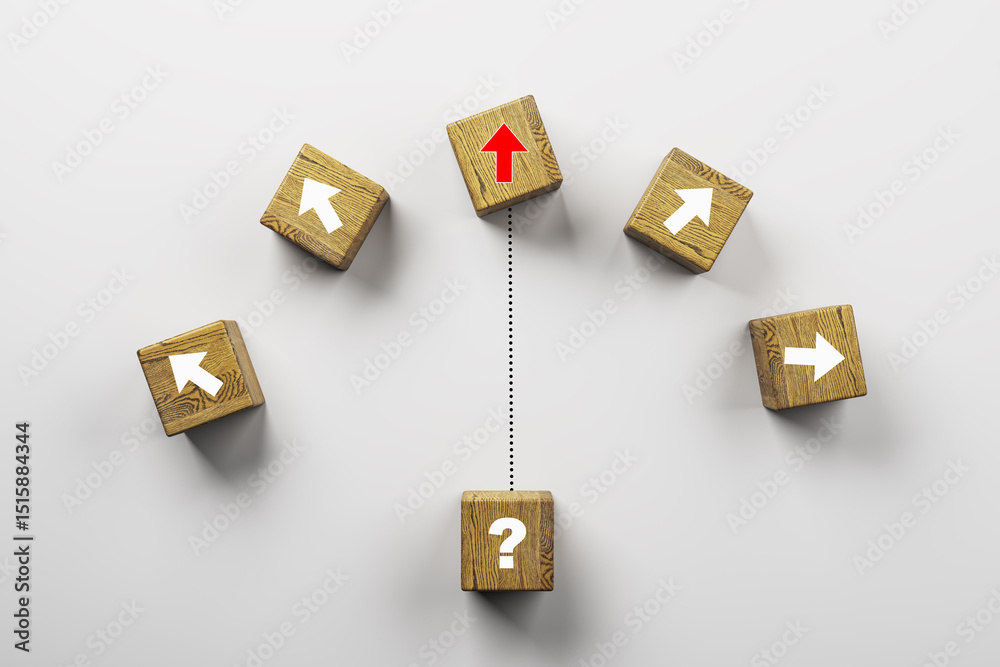 Fototapete Wooden blocks with directional arrows and a question mark symbolizing business decision-making and direction concept on white background. 3D Rendering