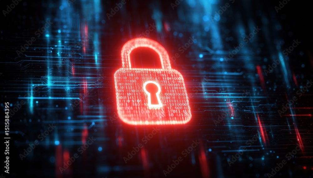 Fototapete Red glowing padlock made of binary code over circuit board and data streams, symbolizing cybersecurity technology