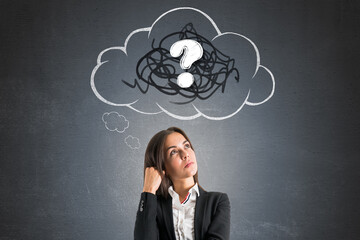 Businesswoman thinking with confused speech bubble and question mark on chalkboard background representing brainstorming and curiosity concept.