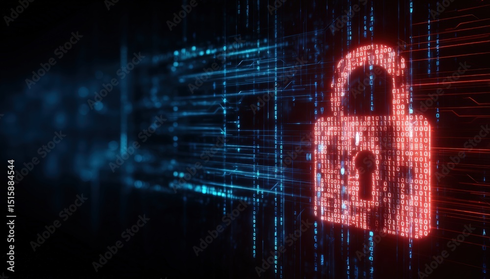 Aufkleber Digital illustration of an illuminated padlock icon made of binary code, protecting data streams and circuits, representing advanced cybersecurity technology