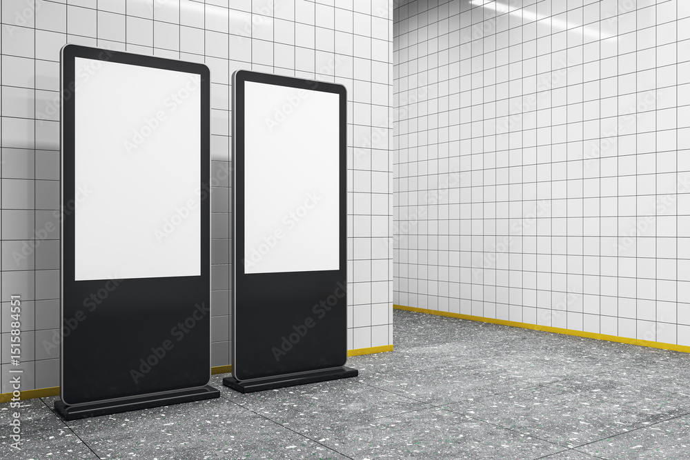 Aufkleber Two vertical blank digital advertising display mockups in tiled subway corridor with clean modern background for branding and promotion concepts. 3D Rendering