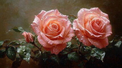 Two Peach Roses with Dew Drops: A Still Life Masterpiece