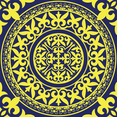 Luxury blue and yellow Oriental seamless square pattern with decorative circular damask ornament, arabesque and floral elements in retro style. Square tile. For ceramic, porcelain, embroidery, laser