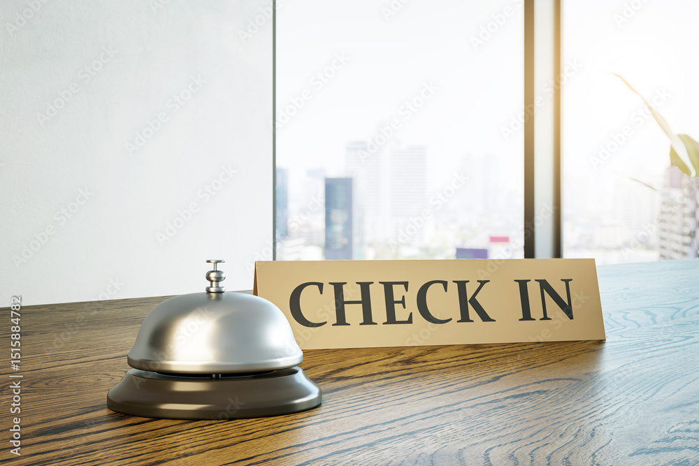 Poster Hotel reception desk with service bell and check-in sign in modern office interior with city view and soft natural background light effect. 3D Rendering