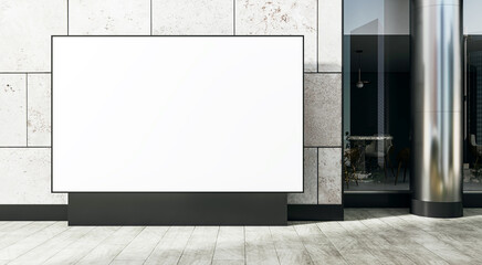 Blank billboard mockup on store facade with tiled wall and glass entrance for advertising display in bright daylight outdoors scene. 3D Rendering