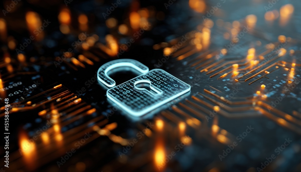 Fototapete Glowing digital lock made of binary code symbolizes online security on a circuit board, ensuring data protection in digital environment