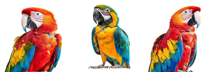 Fototapeta premium Set of bright tropical parrots isolated on transparent background PNG