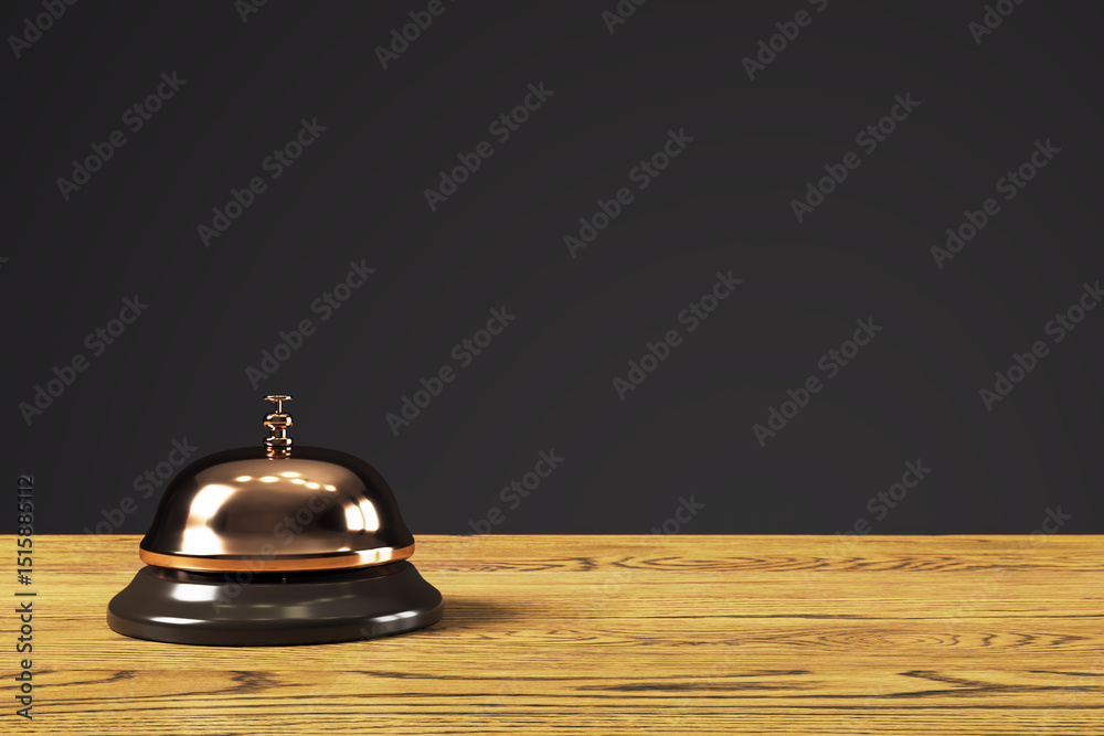 Poster elegant hotel service bell on wooden reception counter with dark background symbolizing hospitality 