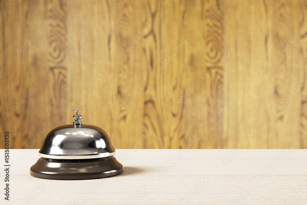 Poster classic service bell on wooden counter with blurred wood panel background in warm lighting, symboliz