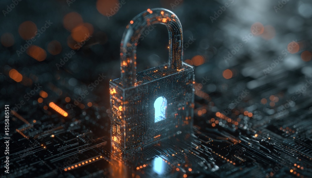 Poster Digital lock glowing on dark circuit board, symbolizing online security in virtual environment with binary code