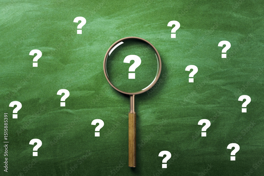 Aufkleber magnifying glass over question mark on green chalkboard with scattered symbols representing curiosit
