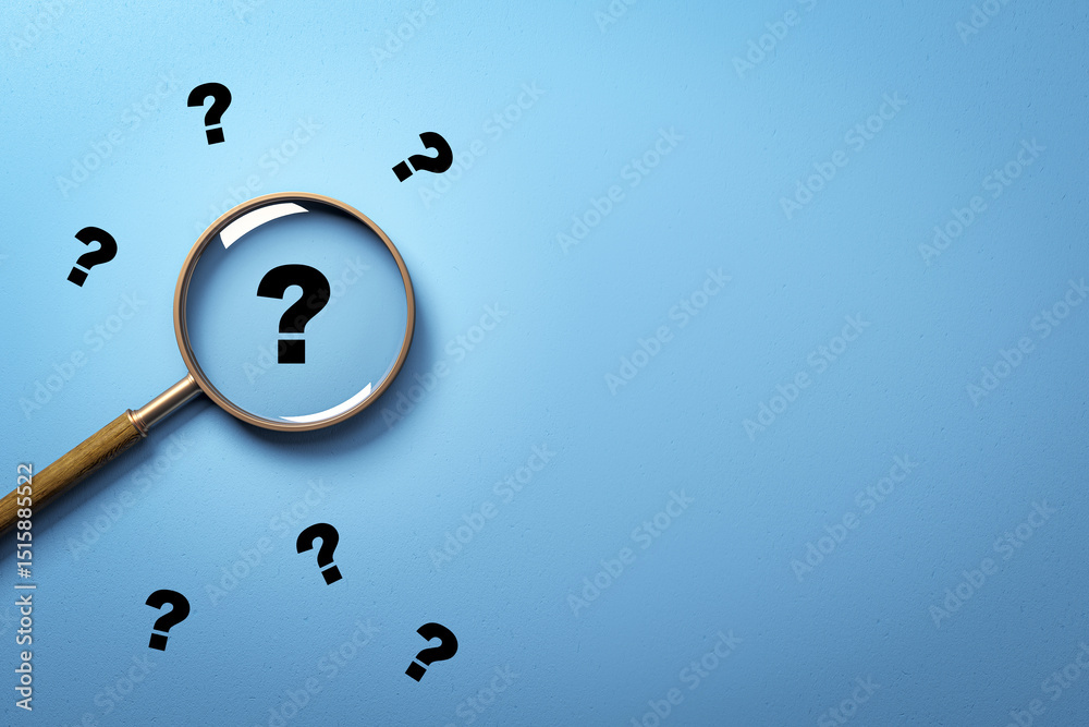 Poster Magnifying glass highlighting black question mark on blue background surrounded by scattered question marks symbolizing uncertainty and search concept. 3D Rendering