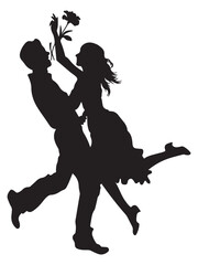 Romantic Young Couple Embracing with Flowers in Silhouette Style on a White Background