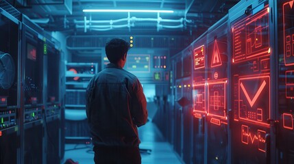Man standing in server room with glowing monitors and neon lights in a futuristic setting