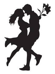 Romantic Young Couple Embracing with Flowers in Silhouette Style on a White Background