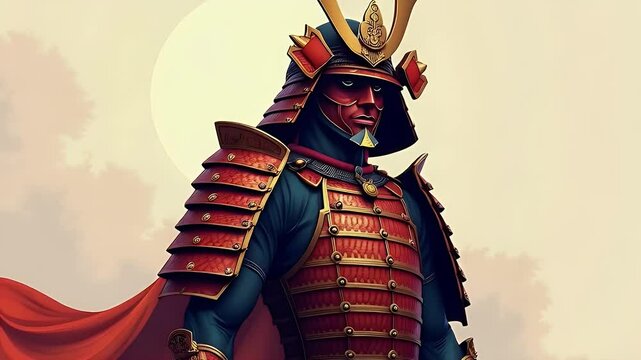 Pixel samurai armor with red and gold plates, shoulder guards and waist flares, side pose sprite
