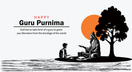 Happy Guru Purnima Illustration – Spiritual Teacher and Student Under Tree at Sunset