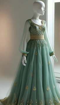 Simple frock in pastel blue with silver border draped on mannequin in minimal indoor setup
