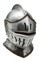 Medieval knight's helmet,  detailed design.  Features ornate metalwork,  decorative accents and  ventilation