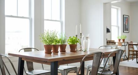 Dining Room Table Decorated With Potted Herbs and Minimalist Interior Decor