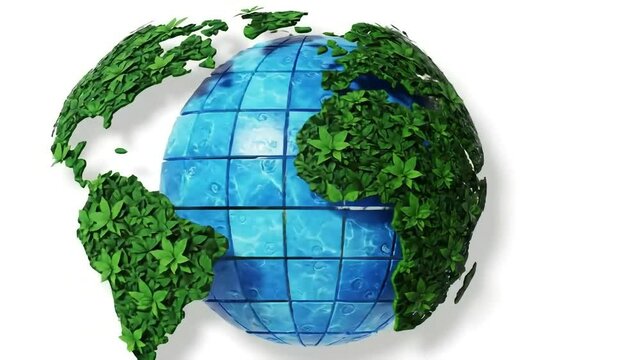 Stylized Earth Formed by Water and Foliage Floating in White Space with Clean Ecological Design