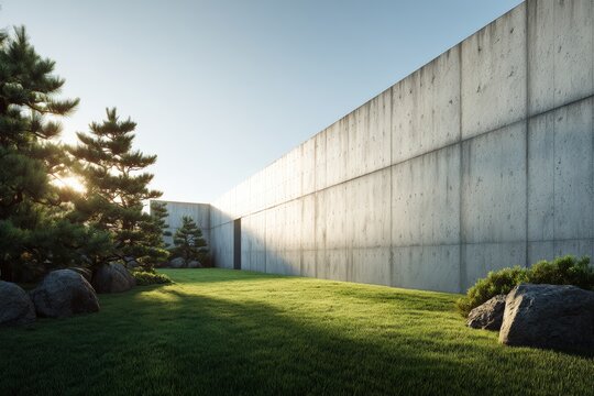 Minimalist concrete wall architecture in a modern japanese style garden with green grass, pine trees and rocks at sunset - Powered by Adobe