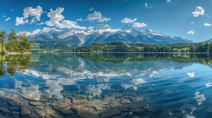 Alpine lake panorama, tranquil reflection, pristine mountain range, sunny day