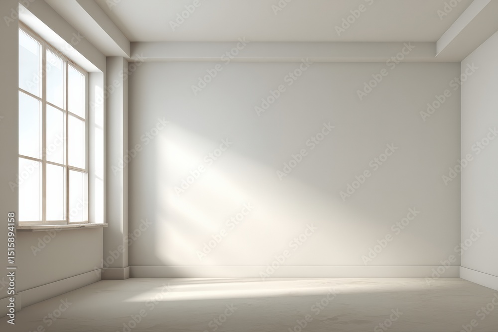 Aufkleber Sunbeams streaming through a window, illuminating an empty minimalist room featuring white walls and a beige floor, creating a bright and airy atmosphere