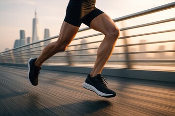Runner legs cityscape bridge sunrise jogging fitness