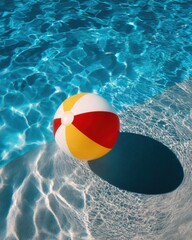 Obraz premium Colorful beach ball floating in blue pool 