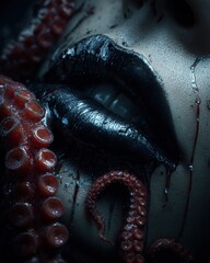 Obraz premium Tentacles emerging from mouth in dark surreal scene 