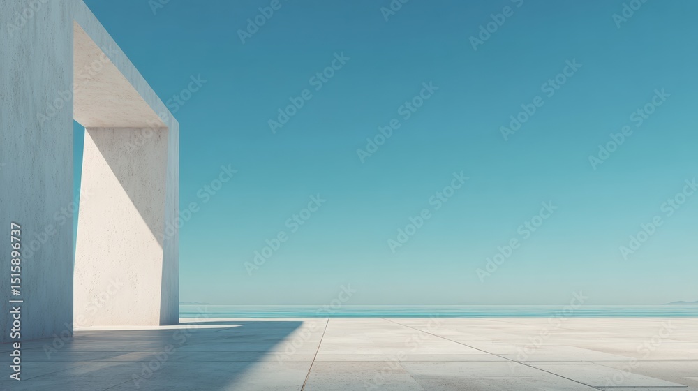 Poster Empty terrace overlooking the ocean, featuring a concrete frame casting shadows on the tiles, creating a serene and minimalist atmosphere