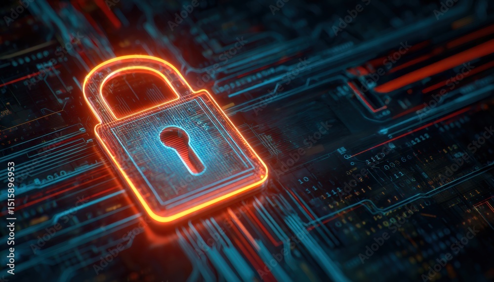 Poster orange glowing padlock symbolizes cybersecurity, protecting sensitive information on a futuristic ci
