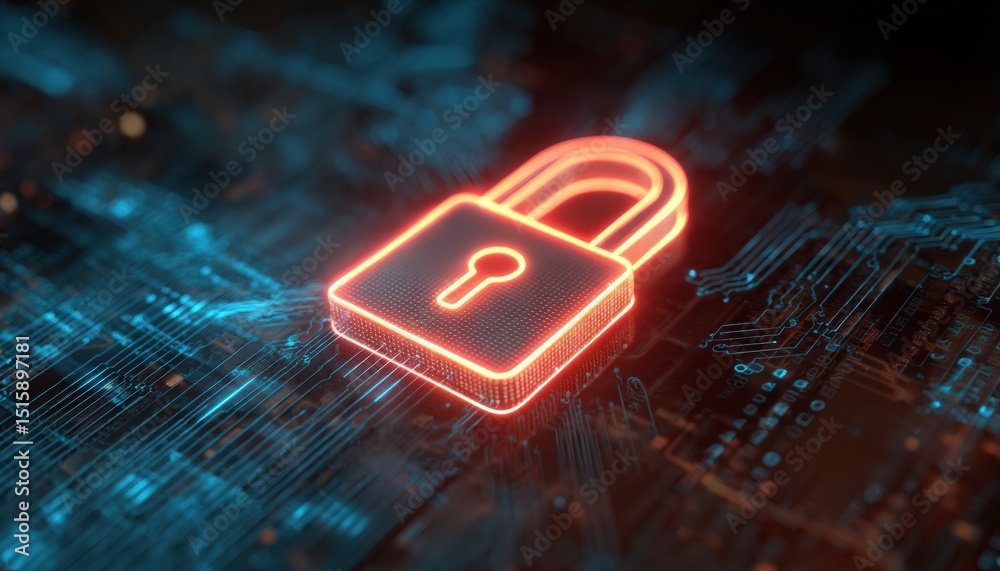 Poster glowing red padlock symbolizes data protection on a dark circuit board, representing cybersecurity a